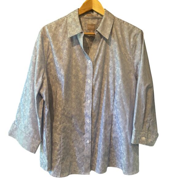 NWT Chico's | Blue Mixed Floral + Striped  3/4 Sleeve Button Down Shirt | XL - Picture 2 of 7